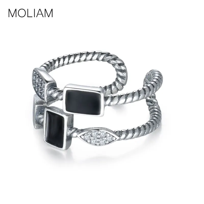 

MOLIAM Authentic 925 Sterling Silver Open Ring for Women Double Layers Black Square Zircon Roped Twisted Finger Rings MLRT0138