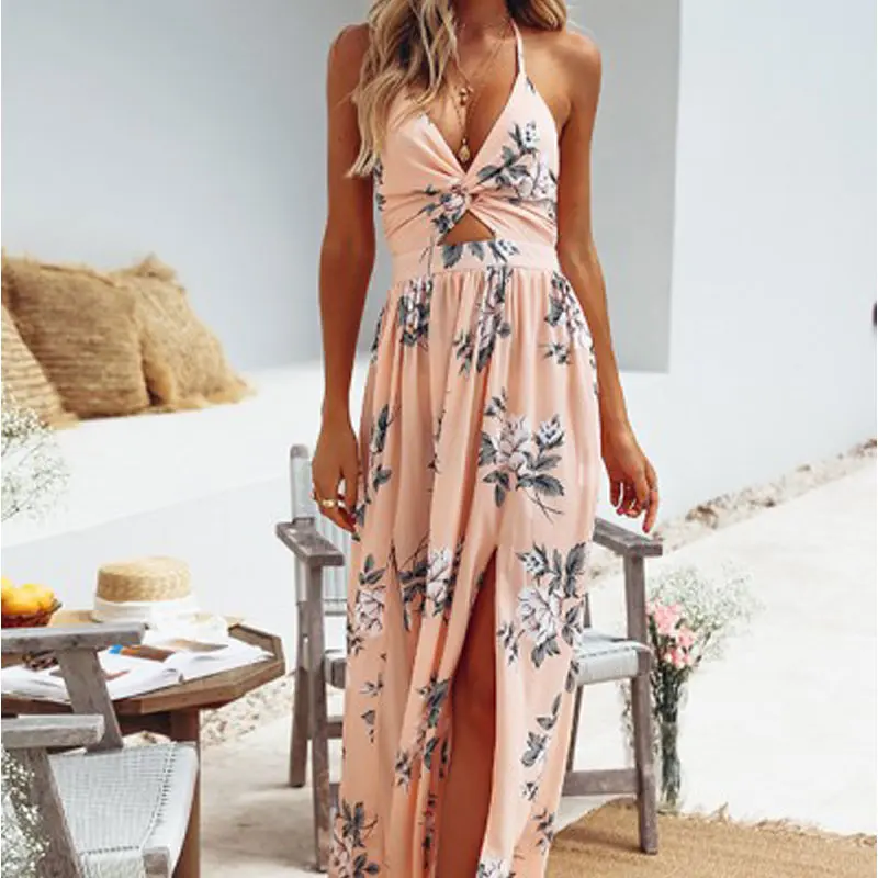 Sexy Long Beach Dress Maxi Dresse Women Halter Backless Floral Printed Female Casual Dress 