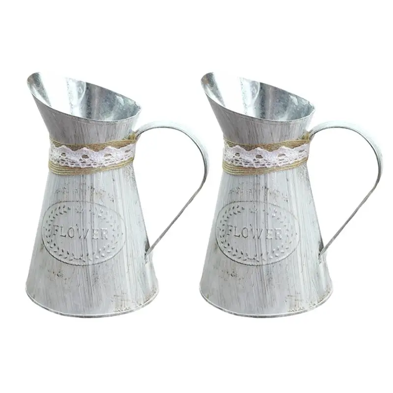 

2 Pcs Flower Pitcher Flower Jar Iron Practical Vintage Retro Watering Cans Flower Vase For Home Balcony Garden Coffe Shop