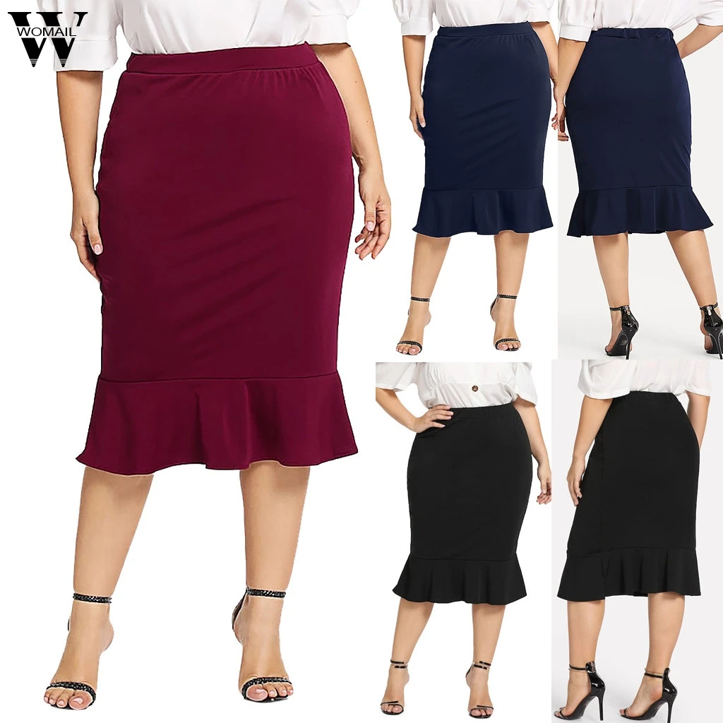 

Womail Skirt Women Summer 2019 New Fashion Casual Elastic Waist Plus Size Solid Mermaid Hem Ruffles Skirt NEW 2019 dropship M27