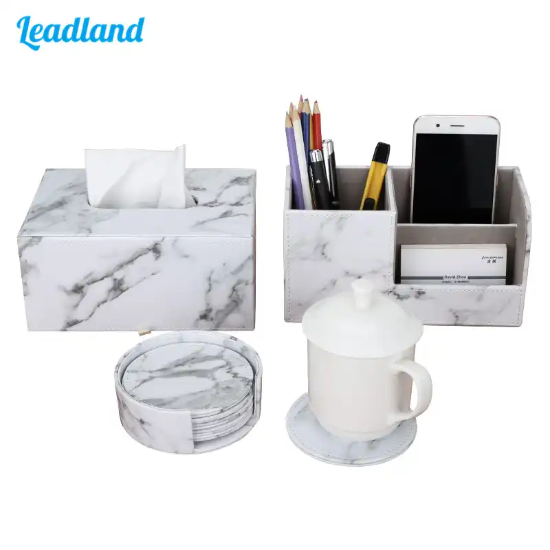 Office Supplies Marble Pu Leather Desk Organizer Sets Pen Holder