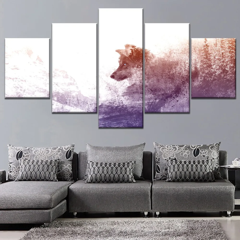

Predator Wolf Abstract Art Painting Snow Mountain Landscape 5 Piece Style Picture Canvas Print Type Decorative Wall Poster