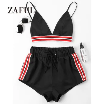 

ZAFUL Beach Romper Bra Striped Tracksuit Women Cover Up Bra Color Block Romper for Women Drawstring Flat Spaghetti Straps Romper