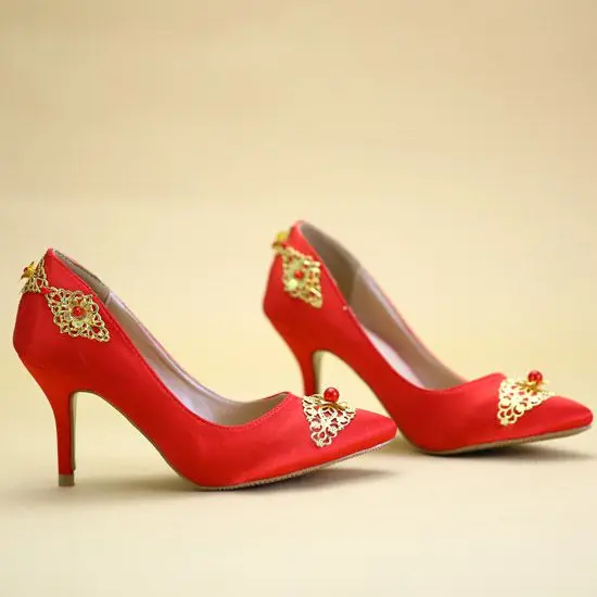 

RED SATIN PUMPS SHOES woman sexy gold metal pearl decoration NQ040 lady wedding party proms dress shoe