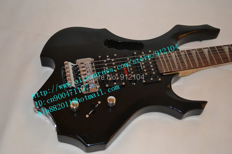 

free shipping wholesale and retail new fire electric guitar with double wave in lightning contact black +foam box F1149