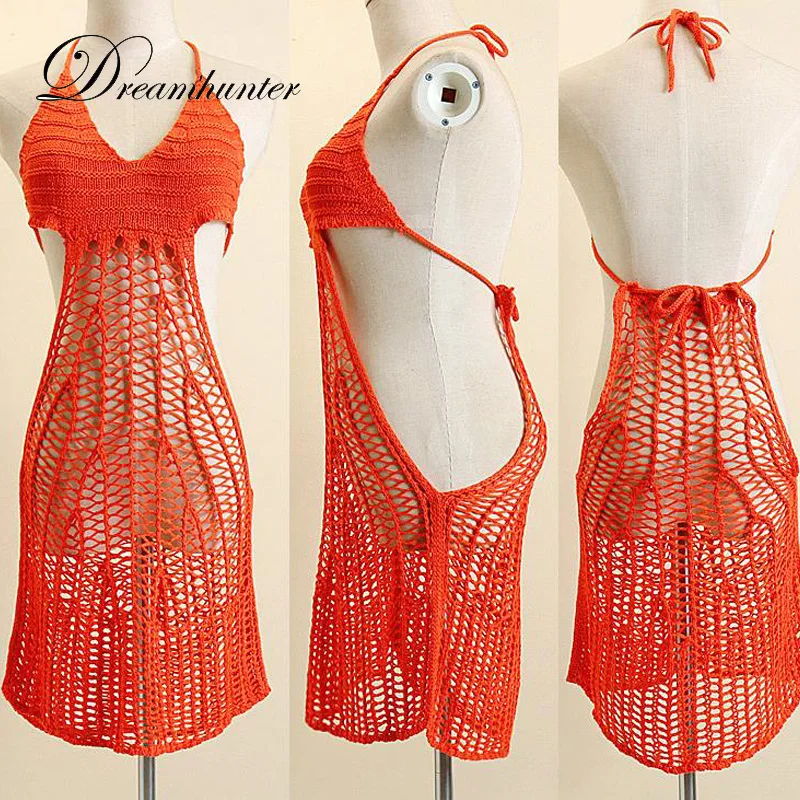 Summer Sexy Openwork Wool knitting Crochet Hollow out Backless Halter Neck Beach mini Dress Sleeveless Sexy Party Dress vestido Summer Sexy Openwork Wool knitting Crochet Hollow out Backless Halter Neck Beach mini Dress Sleeveless Sexy Party Dress vestido