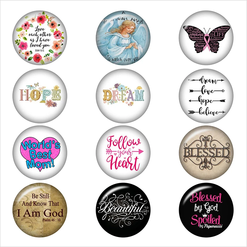 

20PCS Mixed Glass Snap Button Jewelry HOPE VOE BLESSED GOD For DIY 18MM Button Snap Bracelet Necklace Jewelry