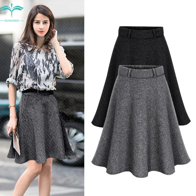 Oumowei Solid Casual Coarse Wool Skirt Women New Elastic High Waist ...