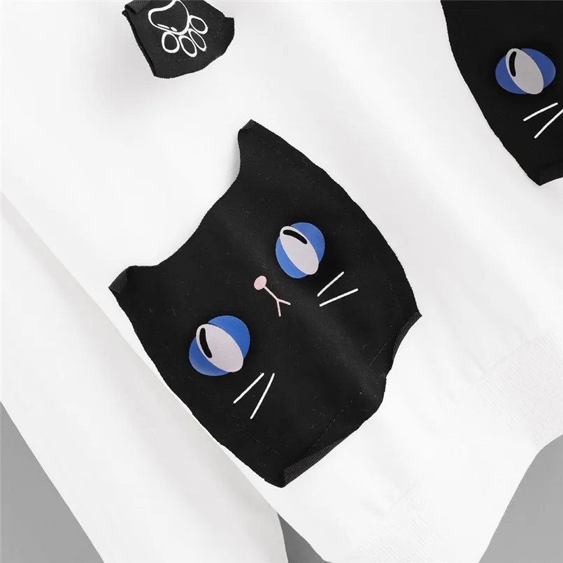 Kawaii Woman Hoodies Long Sleeve Hoody Cat Print Hoody Ladie Pocket Hooded Sweatshirt Pullover Sudaderas Wholesales #F#40AT2907