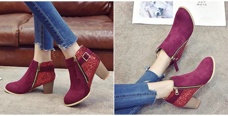 Women's Boots Casual Ankle Boot Lady High Heels Winter Snow Boots Women Genuine Leather Glitter Winter Shoes Women Big Size 43   (13)