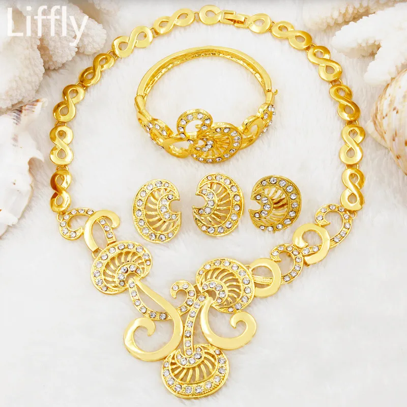 

Fashion Italy 24 Gold Wedding Jewelry Sets Luxury Crystal Flower Necklace Hoop Earring Bracelet Dubai Elegant Bridal Jewelry