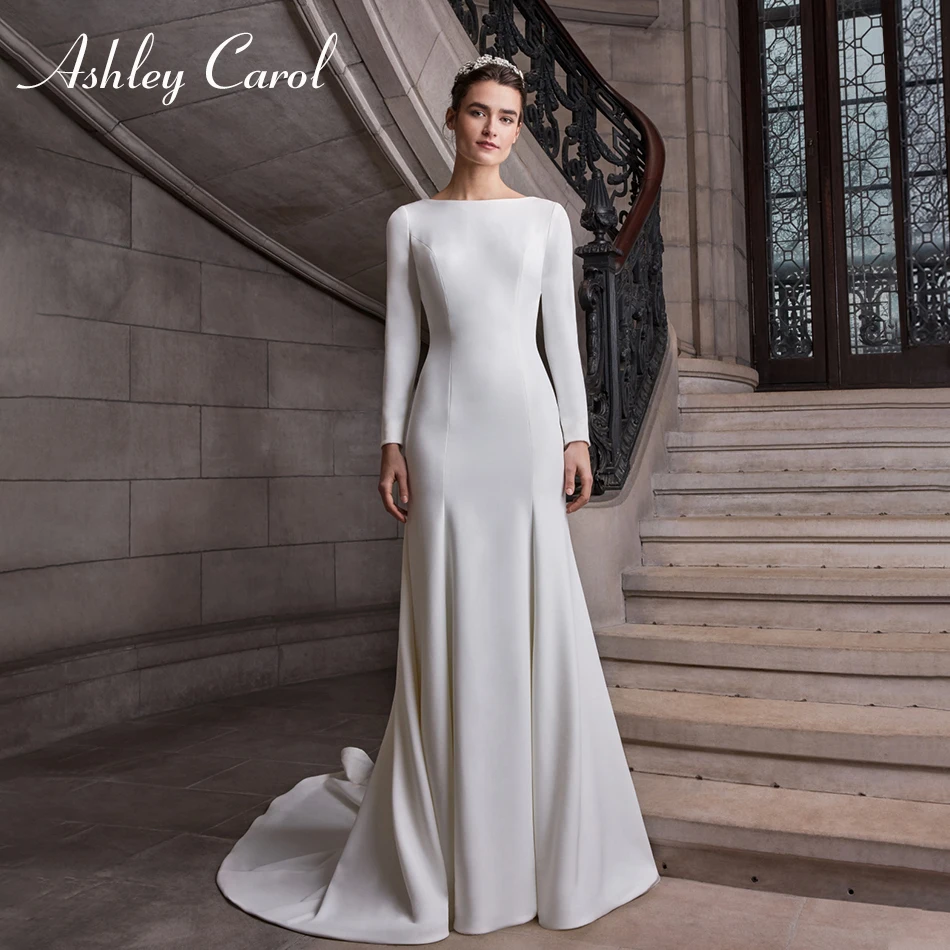 

Ashley Carol Fashion O-Neck Sexy Backless Satin Mermaid Wedding Dress 2019 Simple French Long Sleeve Court Train Wedding Gowns