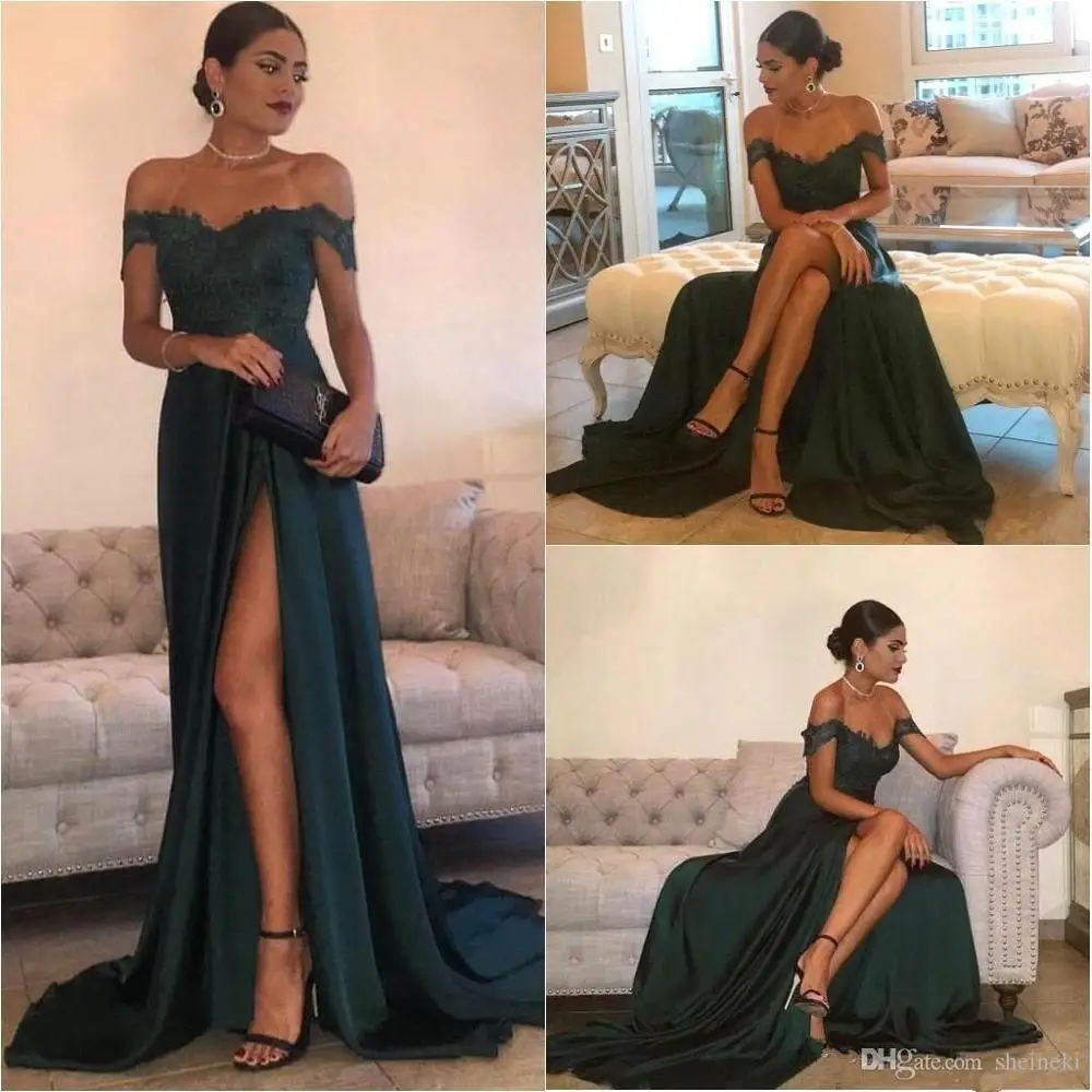 

2019 Satin Sexy Off-the-Shoulder Dark Green A Line Prom Dresses Floor-Length High Side Split Lace Applique Long Evening Dress