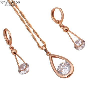 

ROLILASON Zirconia sets Fashion Jewelry Delicate shape design Rose gold tone Earrings Necklaces Pendants JS191