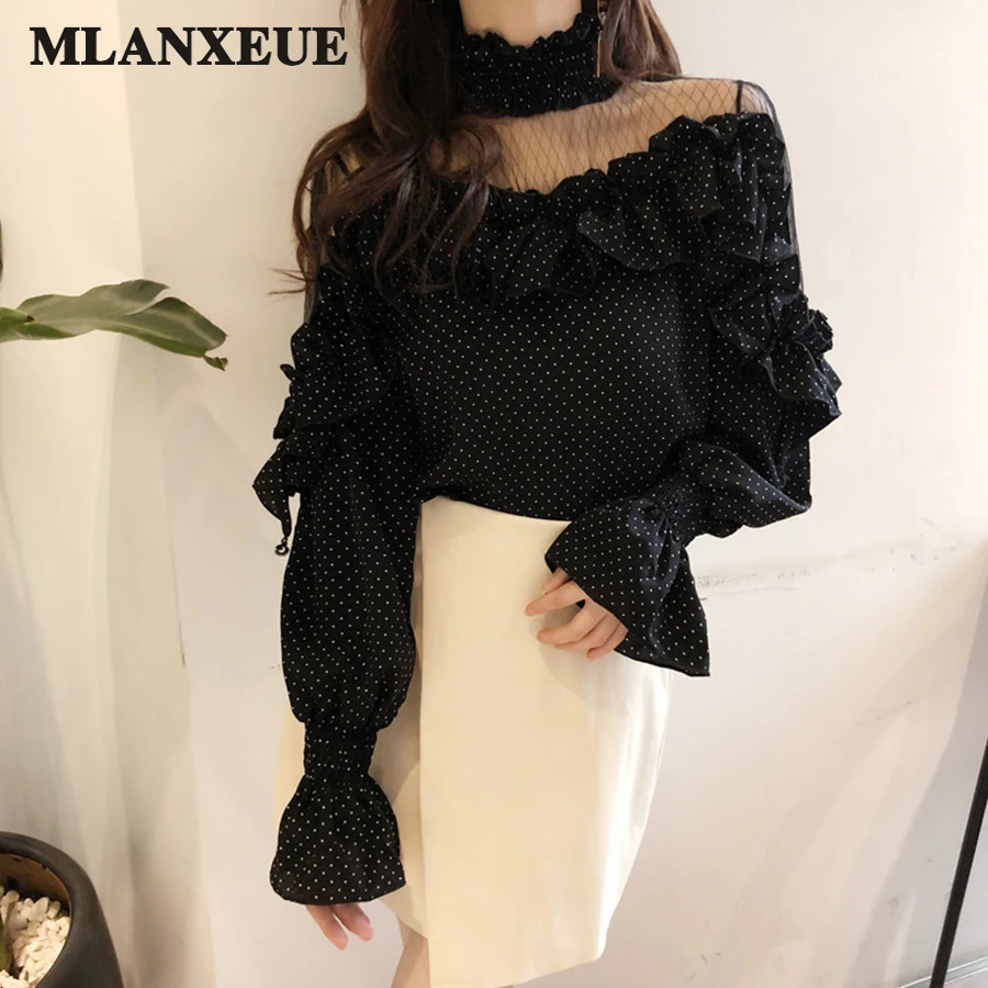 

Retro Ruffle Long Sleeve Shirt Women Elegant Sexy Hollow Net Yarn Chiffon Womens Tops And Blouses Office Ladies Shirts Vogue Tee