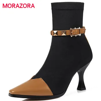 

MORAZORA 2018 New Fashion women's boots high heel boots Simple versatile rider stretch fabric+cow leather boots rivet