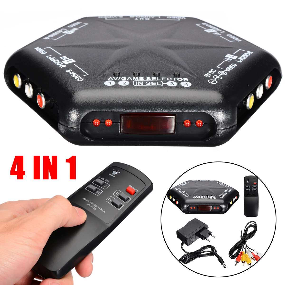 

4 in 1out Audio Video AV RCA Switch Splitter Selector 4 in 1 RCA Composite AV Cable +Remote for PC DVD
