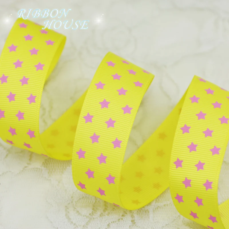 25mm Yellow printed Star grosgrain ribbon colored gift wrap decoration