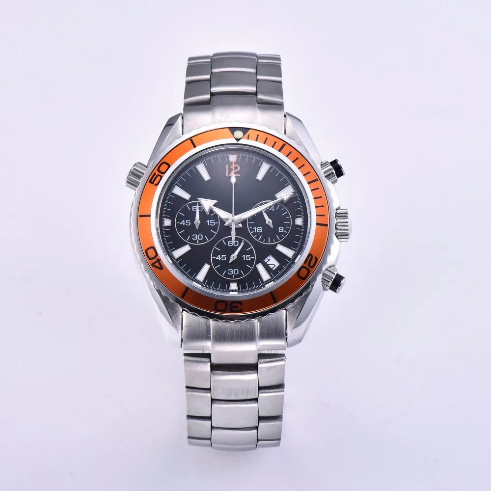 

Luminous watch Chronograph 44mm Japan Miyota quartz movement orange rotating bezel date not used to bracelet 1844-1