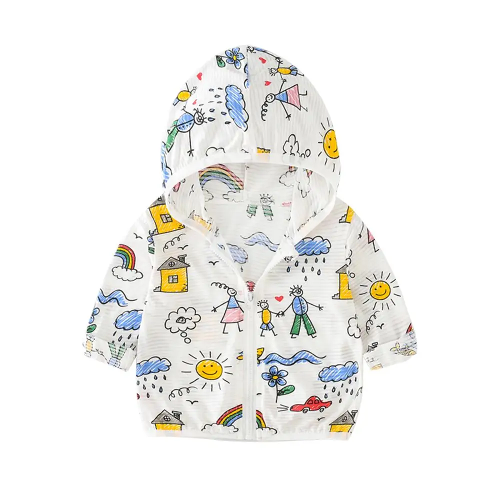 

BINIDUCKLING Toddler Boy Girl Sun-proof Jacket Summer Thin Hooded Zipper Cute Printed Kids Beach UV-Protection Coat Clothes