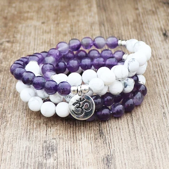 

Lucky Ame-thyst Gift Yoga Healing Bracelet Meditative 108 Mala Yoga Nature Howlite White Stone Ame-thyst Necklace Jewelry