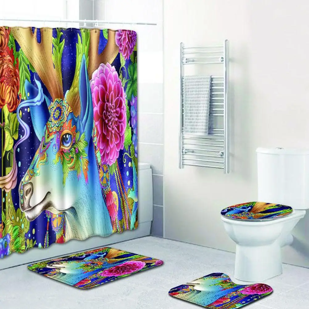 4pcs / set Elk series Printed Pattern Shower Curtain Pedestal Carpet Lid Toilet Cover Mat Bath Mat Set Bathroom Curtains with 12 hooks - Цвет: 7