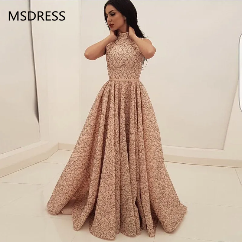 

Turkish Evening Dresses 2019 High Neck A-Line Lace Satin Islamic Dubai Saudi Arabic Long Elegant Evening Gown Formal Dress