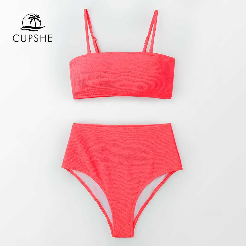 Billige CUPSHE Sexy Neon Rosa High Taille Bikini Sets Frauen Bandeau Zwei Stück Badeanzüge 2020 Mädchen Strand Badeanzüge