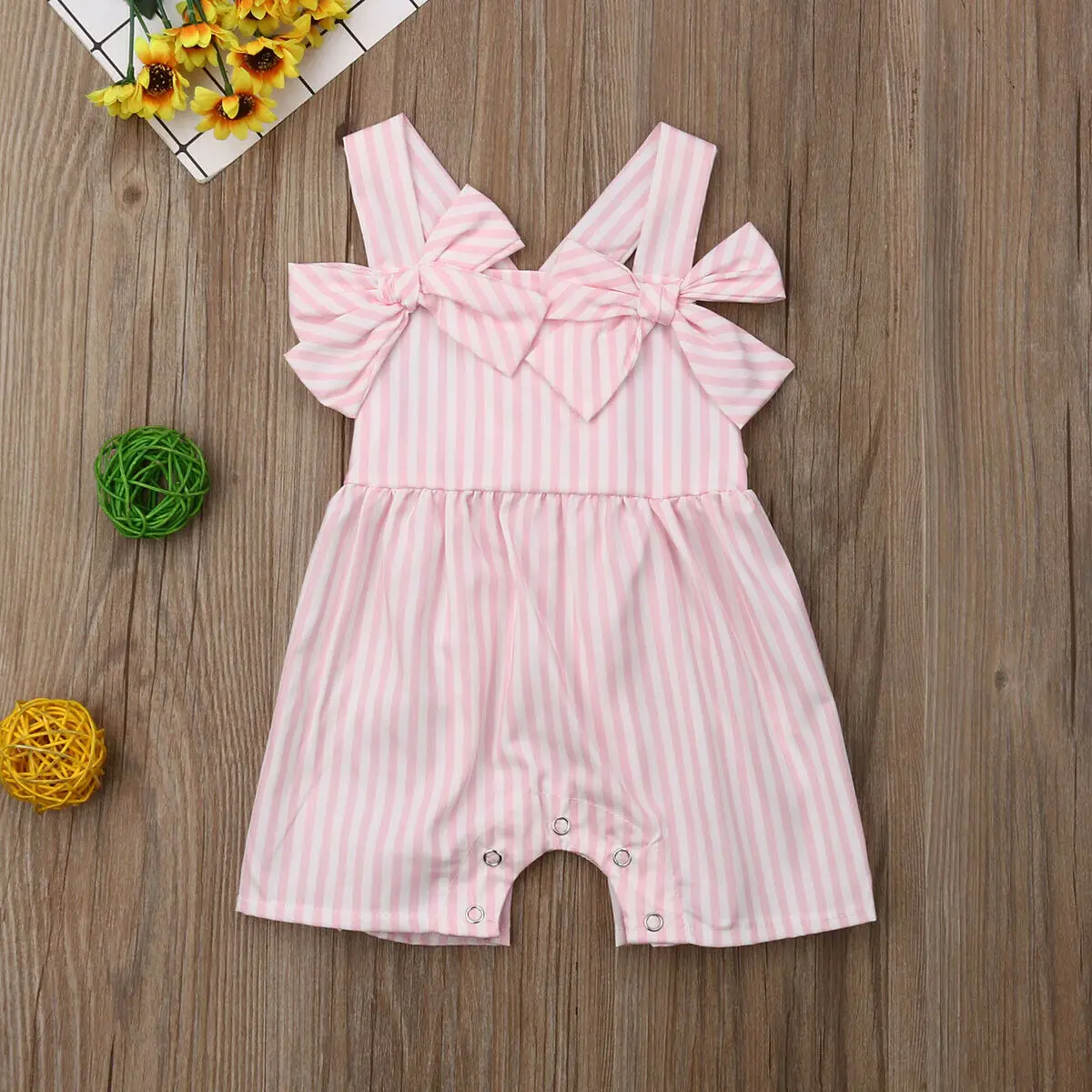 

Toddler Baby Girl Ruffled Jumpsuit Romper Striped Bow Outfits Summer Overalls