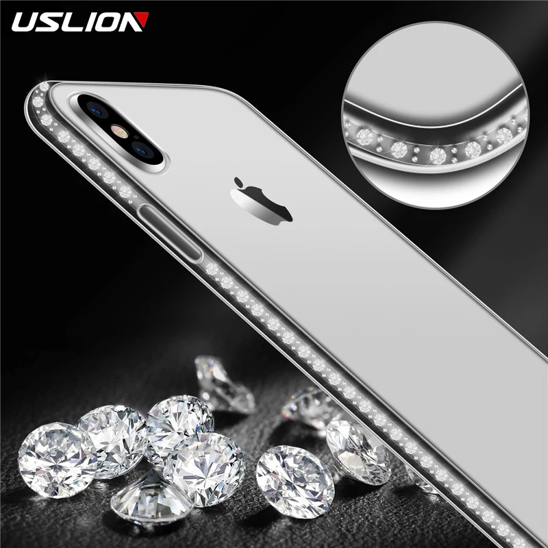 USLION لينة حقيبة لهاتف أي فون XR X 8 7 6 ثانية زائد 5 ثانية SE بلينغ الماس شفاف TPU ل فون XS ماكس جراب هاتف الهاتف غطاء كابا