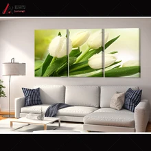 Tríptico imágenes definición tulipanes Blanco verde goteo Brillante grande de la lona Impresión de la pintura de arte de la pared Decoración Del Hogar modular