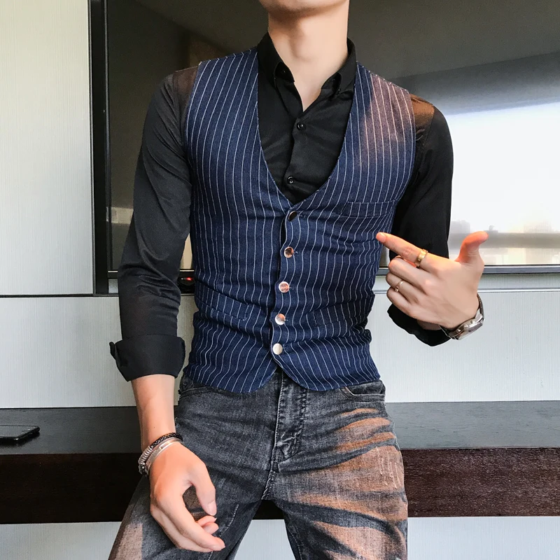 Men Slim Fit Striped Denim Vest Male Fashion Business Casual Sleeveless