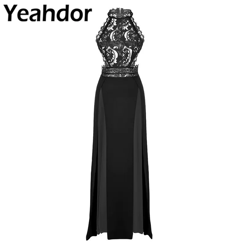 

Womens Halter Neck Sleeveless Open Back See Through Floral Lace Bodice High Split Party Celebration Evening Long Maxi Dress