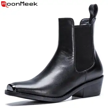 

MoonMeek 2020 HOT fashion genuine leather boots square toe ankle boots women square med heel spring autumn boots