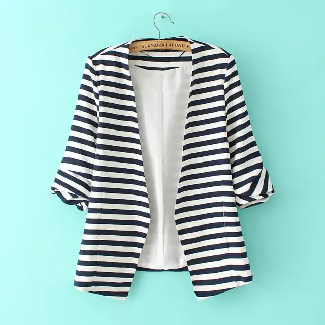 

2018 Modest Formal Female Clothing Newest Spring Women's Fashion Navy White Striped Long Sleeve Slim Fitted Open Front Blazer