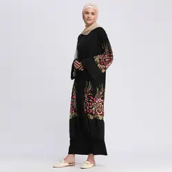 Длинная Абая платье Повседневное женские мусульманские платья Мода Вышитые сетчатая куртка кардиган пояс с бахромой сетки одеяние T411