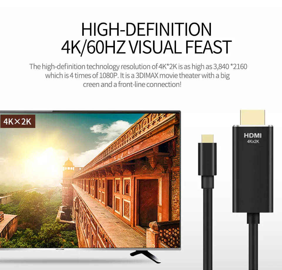 Type-C to HDMI Cable Type C HDMI 4K 60HZ 1.8M 6Ft HDTV Adapter  For Macbook Samsung Galaxy S9 S8 Huawei Mate 10 HDMI to Type-C Cable (2)