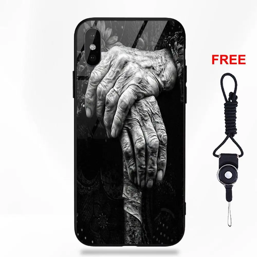 Vvcqod For Apple iPhone X XS Max XR 5 5C 5S SE 6 6S 7 8 Plus Silicone TPU Frame Tempered Glass Protective Case Bad Hand On Wood