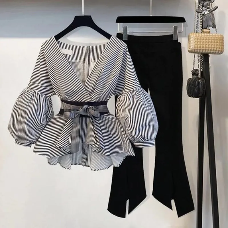 Элегантная офисная одежда, комплект из 2 предметов, весна, Пышный рукав бант, галстук, полосатая блуза и расклешенные брюки, костюм, S-3XL - Цвет: Черный