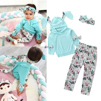

Baby spring and autumn cotton home clothes female baby small sweater suit cute rabbit ears shirt + floral pants two-piece