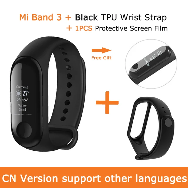 Xiaomi Mi Band 3 Смарт-браслет Miband 3 OLED сенсорный экран 0,7" дисплей с сообщением, погода, фитнес-трекер, умные часы - Цвет: Add Black Strap