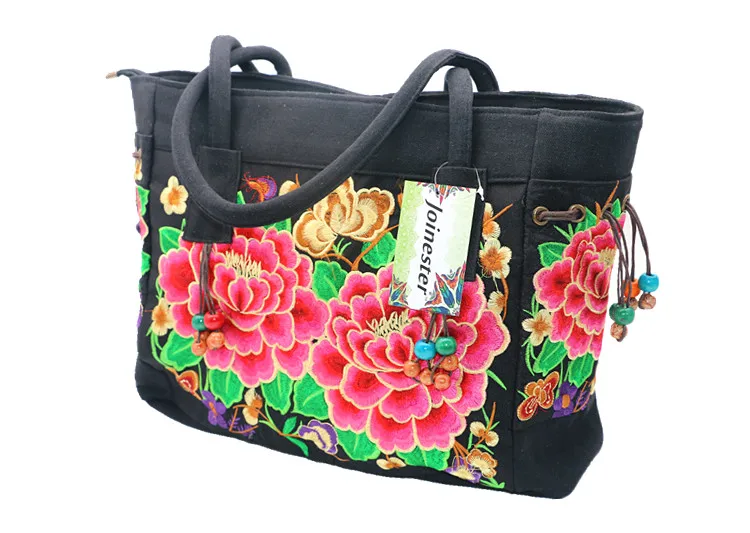 Женские холщовые сумки с цветочной вышивкой в этническом стиле, повседневная сумка на плечо, большая ручная сумка с бисером, винтажная сумка