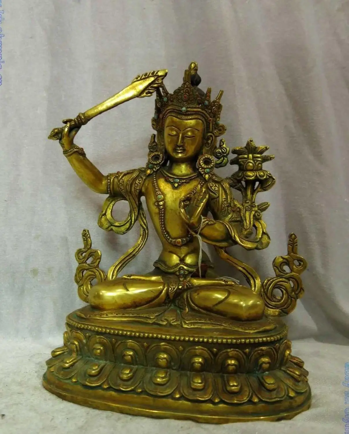 

9" China Tibet Bronze gilt Buddhism Wen Shu Manjushri buddha Sculpture Statue