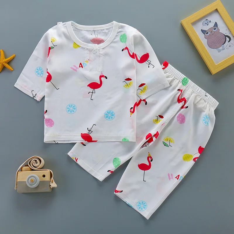 

Soft Summer Boys and Girls Home Wearing Cotton Silk Pajamas Children Cartoon Print Two-piece Suits kids half sleeve sleeping set
