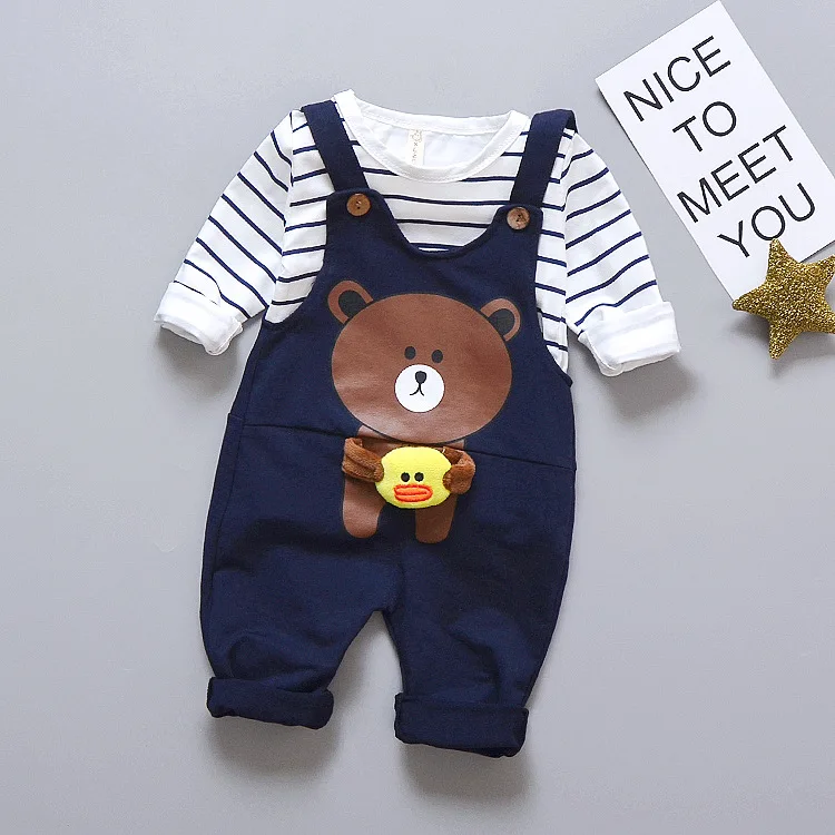 

Autumn Baby boy clothes bebe boys clothes set Baby Infantil baby clothing Boys Striped T shirt +cartoon bear overalls pants