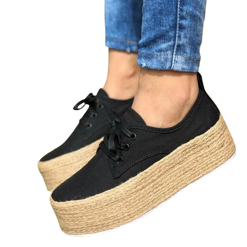 Laamei Women Espadrille Shoes Canvas Thick Bottom Flats Shoes Girls Lace Up Round Toe Casual Flats Plus Size Drop Shipping