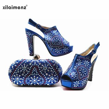 

New Coming Wedding Shoes and Bag Set in Blue Color 2019 Special Design Super High Heels and High Quality Italian Sandals