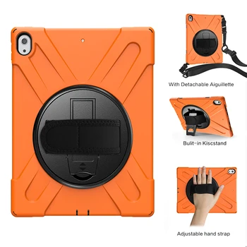 

360 Degree Rotation Impact Resistant Silicone Hybrid Case with Shoulder Wrist Strap and Kickstand for Apple iPad Pro 12.9 2018