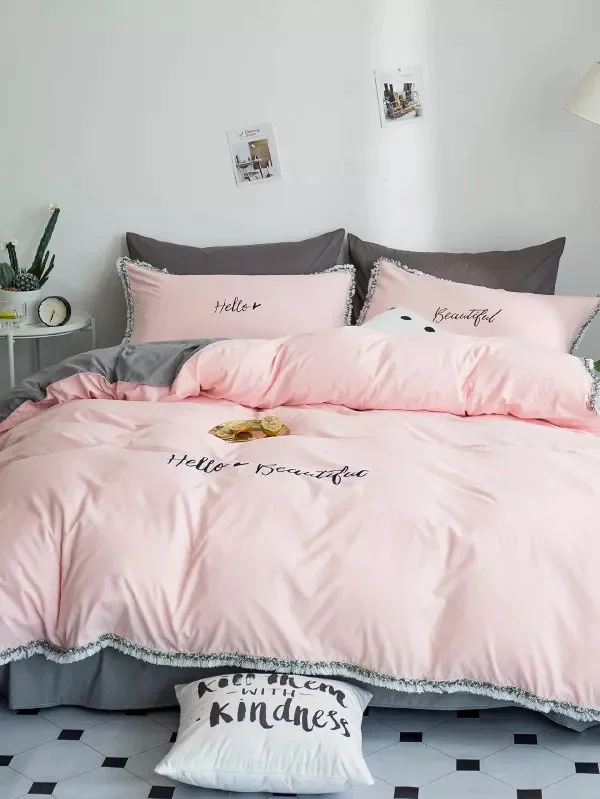 Hello Beautiful Embroidery Bedding Set White Pink Blue 4pcs Duvet