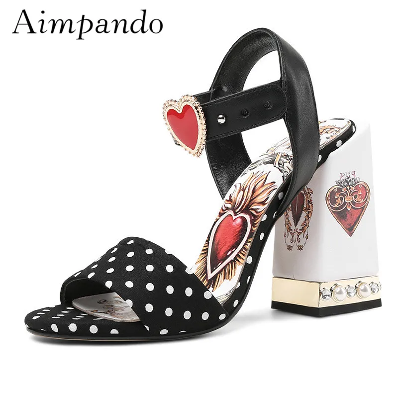 

Sweet Heart Gladiator Sandals Women Crystal Square Chunky Heel Polka Dot Summer Sandalias Mujer